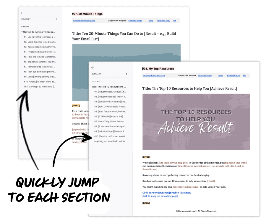 Blog Post Vault quick links to jump to each section of your template