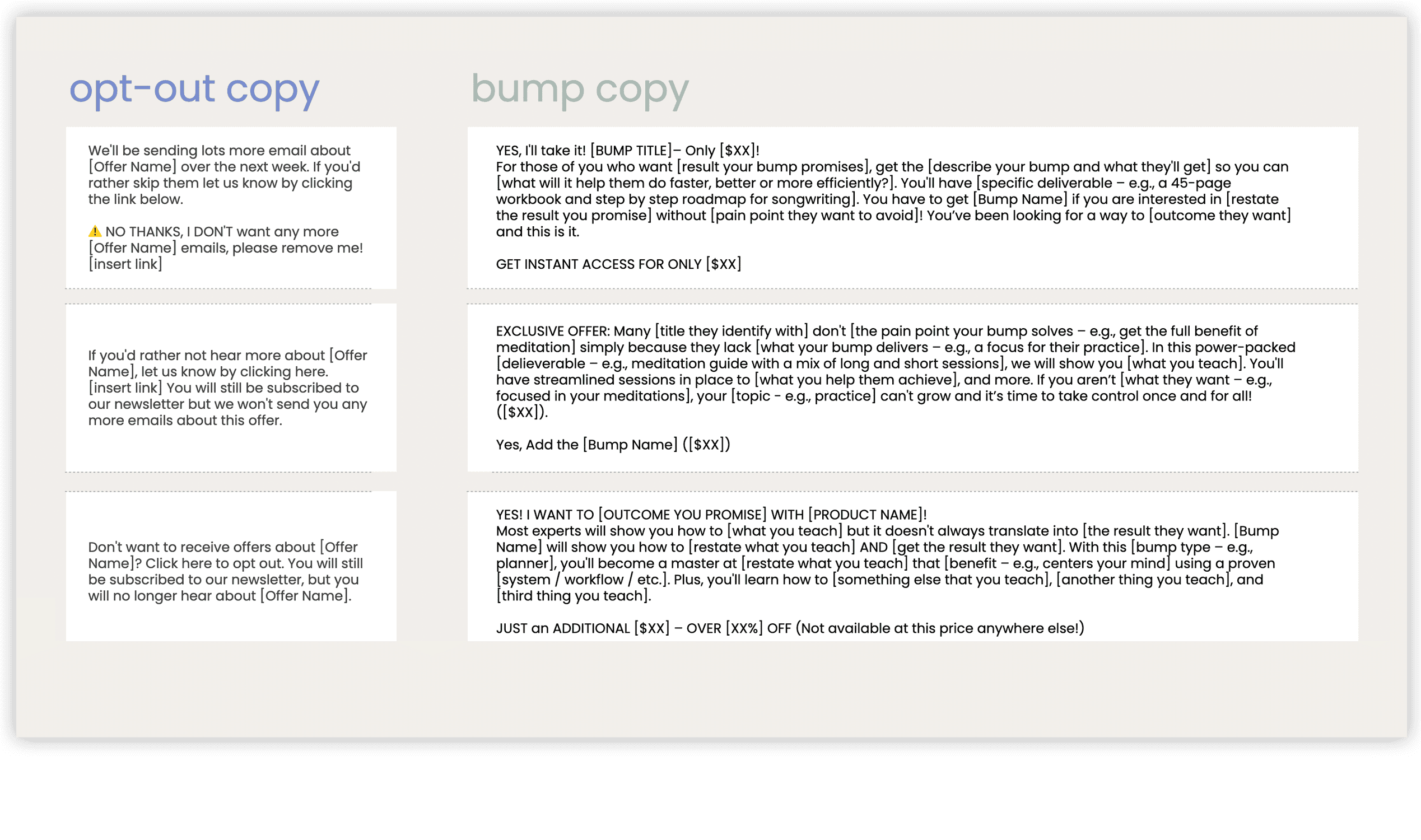 Bump & Opt Out copy