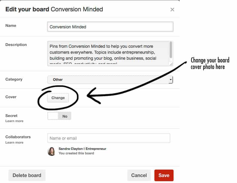 Where to change your Pinterest board cover photo