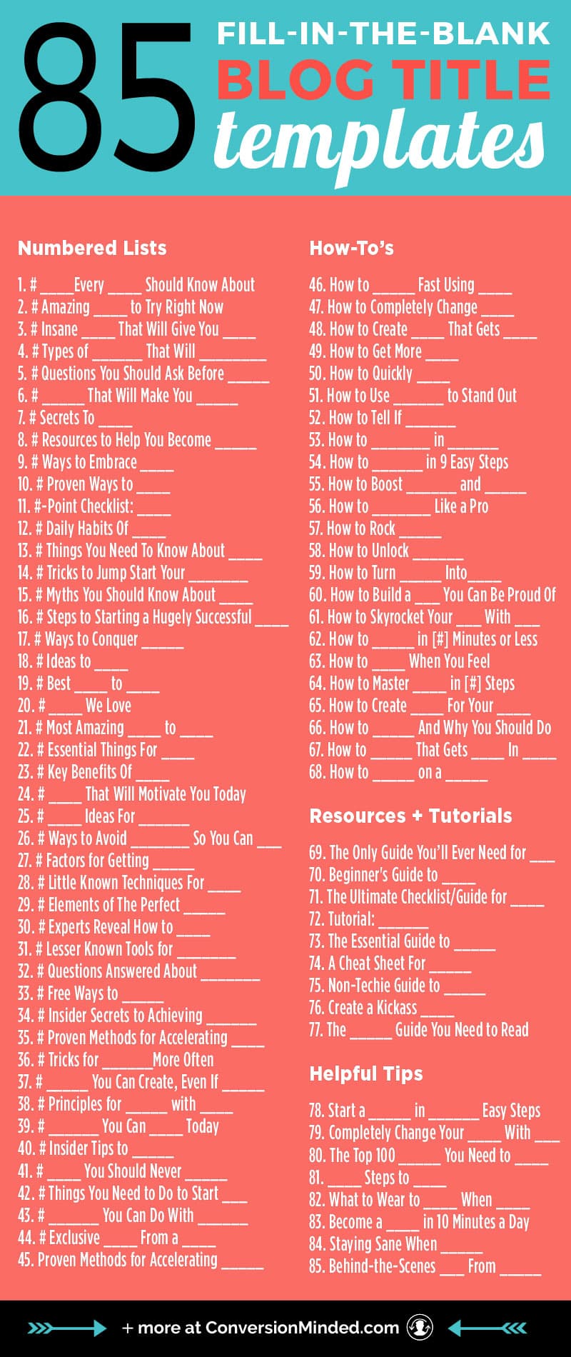 84+ catchy blog titles! All you have to do is choose your favorite blog post title template, fill in the blanks and get ready for more blog traffic. Check out ConversionMinded for even more, plus a downloadable swipe file you can use!