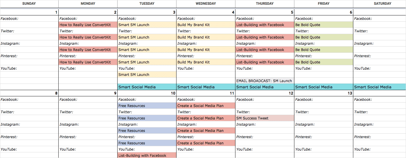 A completed social media content calendar