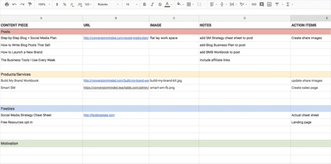 Use a spreadsheet like this to create a content plan for your social media calendar.