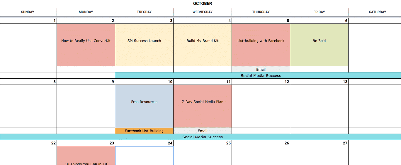 Simplified version of the content calendar template