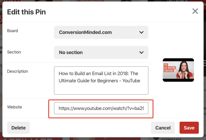 Change the URL of your video pin to redirect to your website.