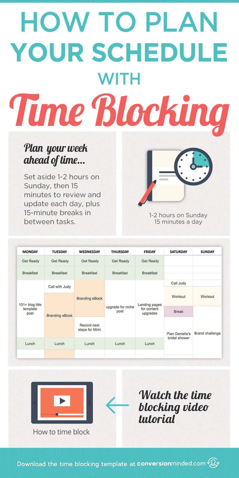 How to Plan Your Schedule with Time Blocking (Plus a Video Tutorial!) This post includes time management tips and time blocking template, plus a step by step planner and video on how to use time blocking to plan your schedule and increase productivity. Click through for the template! #timeblocking #timemanagement #productivity