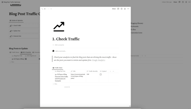 A page inside our Blog Post Traffic Optimizer Notion template showing the first step is to check google analytics for current traffic. 