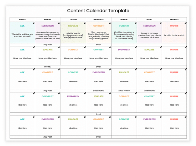 Image of a content calendar planned out by content bucket - where the content ideas can be moved