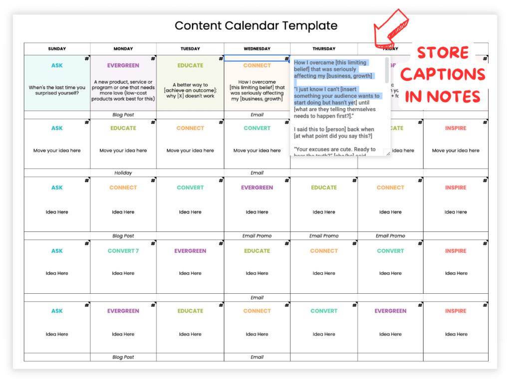 Image of content planner storing captions in notes in Google sheets