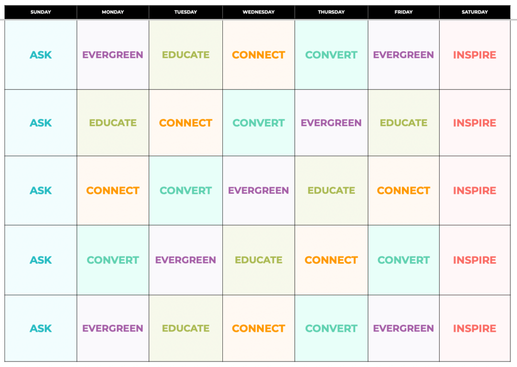 Image of a content calendar planned out with the six content buckets: inspire, ask, connect, convert, educate, evergreen 