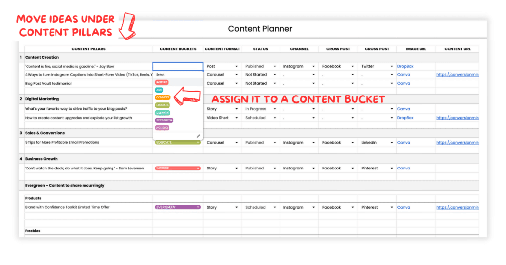 Image of a content planner with ideas sorted by content pillar then a dropdown menu selecting content bucket