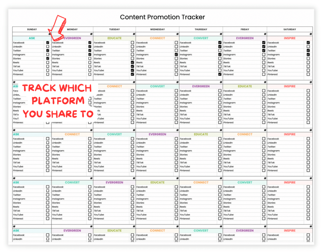 Image of a content calendar with check boxes where content can be tracked where it can be shared